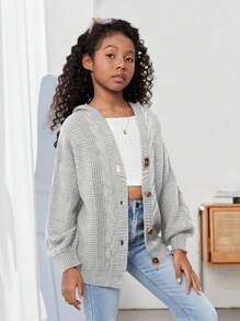SHEIN Tween Girl Oversized Hooded Lange Mouw Casual Gebreide Cardigan