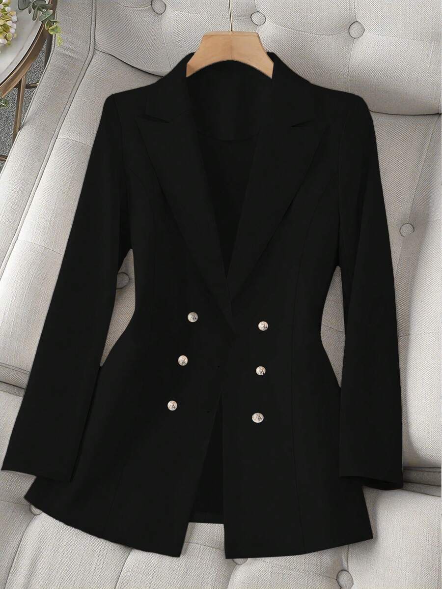 SHEIN Clasi 女士纯色翻领双排扣西装外套 - 黑色 - 查看 1