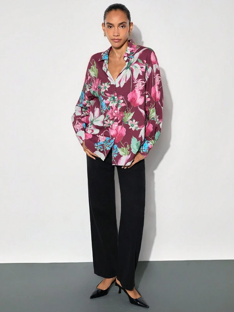 SHEIN Maija Women's Floral Satin Twill Print Front Button Long Sleeve Elegant Fashionable Blouse, Autumn/Winter Season