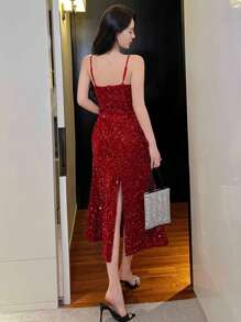 DAZY 秋季新款女士纯色亮片拼接无袖长裙舞会礼服 - 紅色 - 查看 4