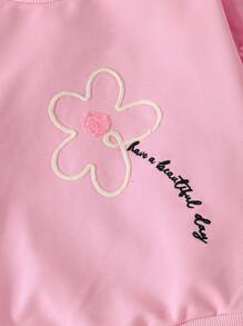 2 件套女孩可爱花朵图案圆领泡泡袖上衣和松紧腰喇叭裤套装，适合秋冬季 - 粉色 - 查看 3