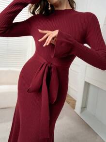 Modelyn Váy len dệt kim dài tay cổ đứng màu trơn buộc phía trước thường ngày cho nữ mùa đông - Màu be - Xem 3