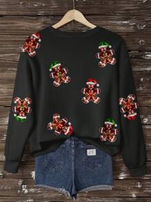 SHEIN LUNE Christmas Gingerbread Man Print Casual Minimalist Pattern Loose Fit Crew Neck Long Sleeve Women Sweatshirt Autumn Winter Clothes For Women