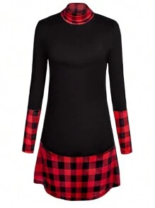 SHEIN LUNE Langarm Damen T-Shirt mit Saum- und Manschetten-Karomuster-Details, Grafik-Shirts für Damen Tops für den Frühling