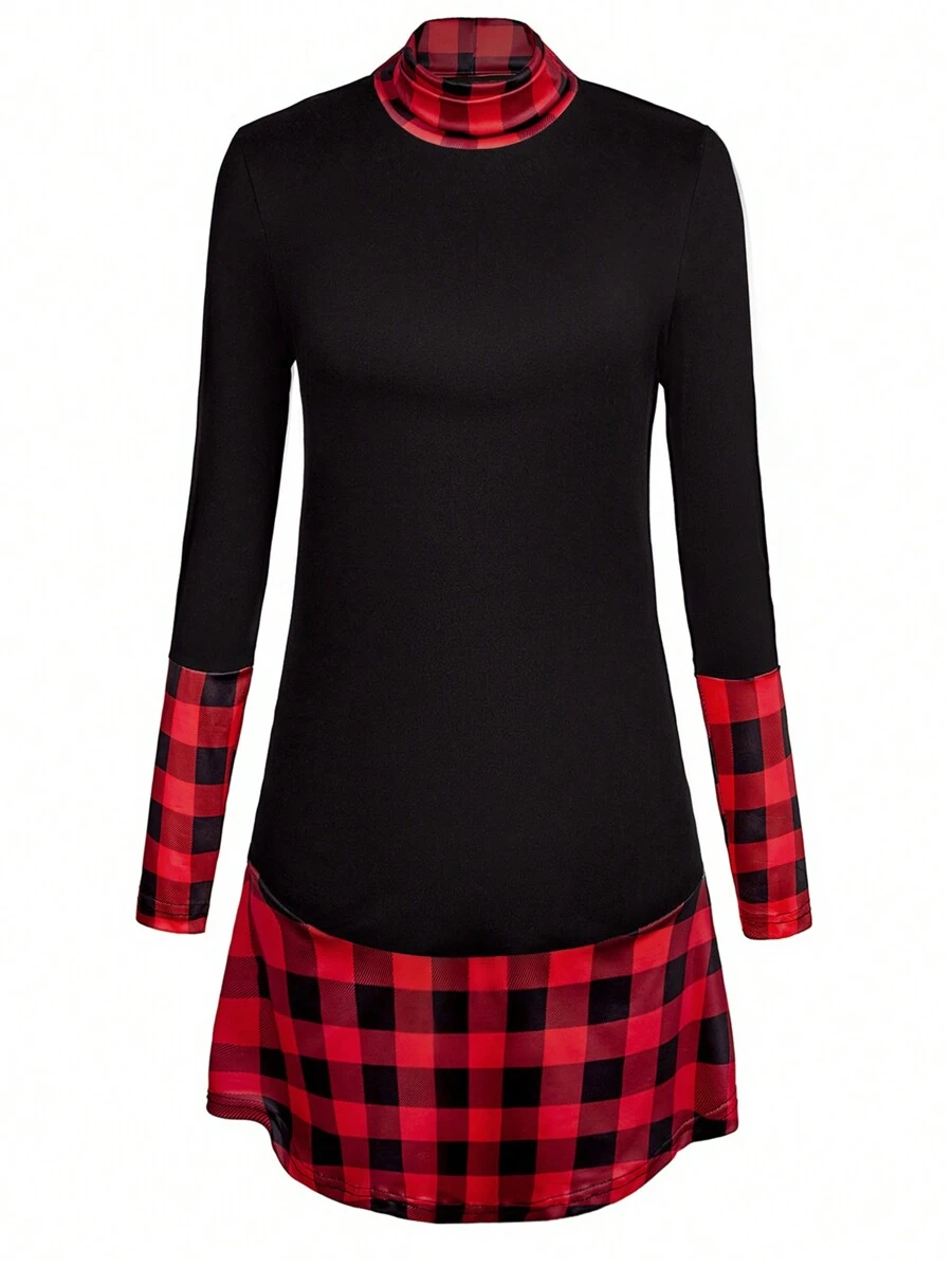 SHEIN LUNE Langarm Damen T-Shirt mit Saum- und Manschetten-Karomuster-Details, Grafik-Shirts für Damen Tops für den Frühling