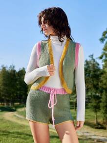 Skyraze Women Sleeveless Colorblock Patchwork Minimalist Sweater Vest, 1pc Geo Pattern Sweater Vest,Fashionable, Versatile, Minimalist Knit Top - Multicolor - View 4