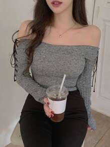 DAZY 女士露肩系袖修身短款长袖 T 恤，灰色，春夏 - 灰色 - 查看 1