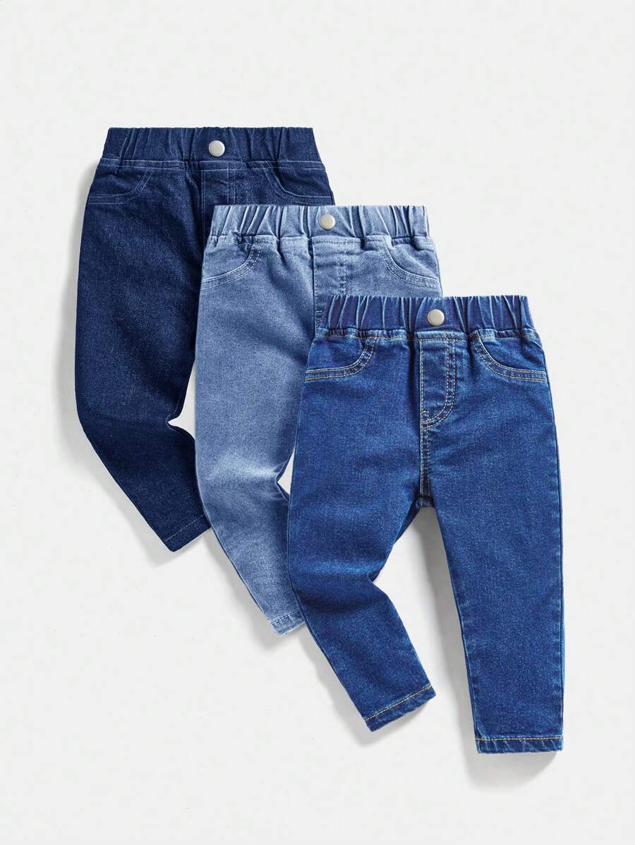 SHEIN 3件套男婴多件装百搭休闲弹力牛仔裤，秋冬季时尚之选 - 彩色 - 查看 1