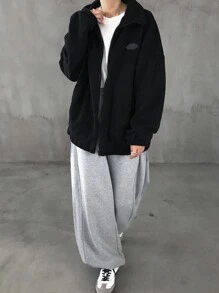 FRIFUL Women Solid Color Applique Fleece Zip-Up Regular Jacket, Winter Outerwear Women Coats - Black - View 2