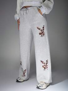 Missguided x Playboy 2pcs Women Leopard Letter Print Hooded Sweatshirt And Pants Casual Set, MISSGUIDED, Autumn - Grey - View 6