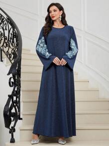 Al Najma 喇叭袖串珠刺绣闪亮弹力针织阿拉伯连衣裙，秋冬款，优雅朴素长袖超长 Jalabiya 阿拉伯连衣裙，适合晚会/婚礼嘉宾/周年纪念 - 藍色 - 查看 8