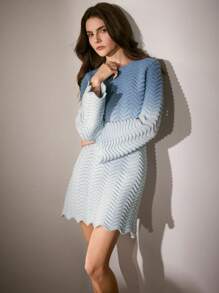 Anewsta Váy len dệt kim tay loe ombre giản dị, mùa thu/đông - Xanh và trắng - Xem 1