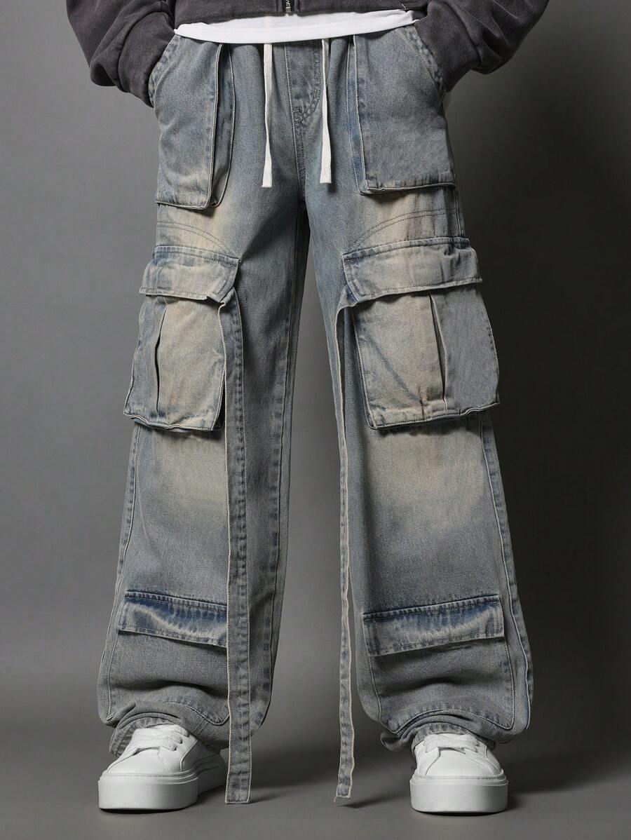 SUMWON 洗水褪色宽松版型多口袋工装牛仔裤 - 藍色 - 查看 1