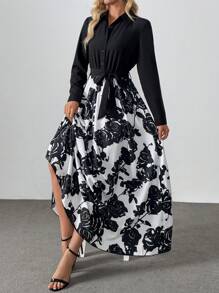 SHEIN Clasi 法式优雅女士优雅日常衬衫领腰部拼接黑白玫瑰印花大 A 字泡泡袖长袖连衣裙，秋冬长款女装 - 黑色 - 查看 4