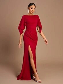 SHEIN Belle 优雅浪漫的红色露肩、大荷叶边袖、褶饰、 A 字形、侧开衩伴娘礼服 - 紅色 - 查看 7