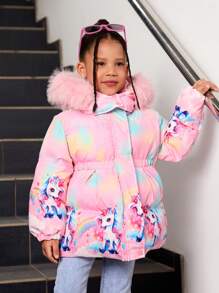 Young Girls' Cute Princess Style Cartoon Princess Print Icy Princess Pink Fluffy Collar Thickened Super Warm Padded Hooded Long Coat, Suitable For Outings And Skiing