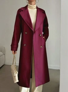 EURMUSE Women's Solid Color Double Breasted Pocket Long Sleeve Overcoat, Autumn/Winter - Red - View 3