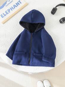 SHEIN 男婴休闲学院风保暖连帽夹克，适合秋冬季外出，幼儿园男孩和女孩 - 藏蓝色 - 查看 3