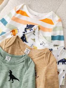 SHEIN 4pcs/Set Newborn Baby Boy/Girl Cute Cartoon Dinosaur Print Colorblock Round Neck Short Sleeve Bodysuit Graphic - Multicolor - View 4