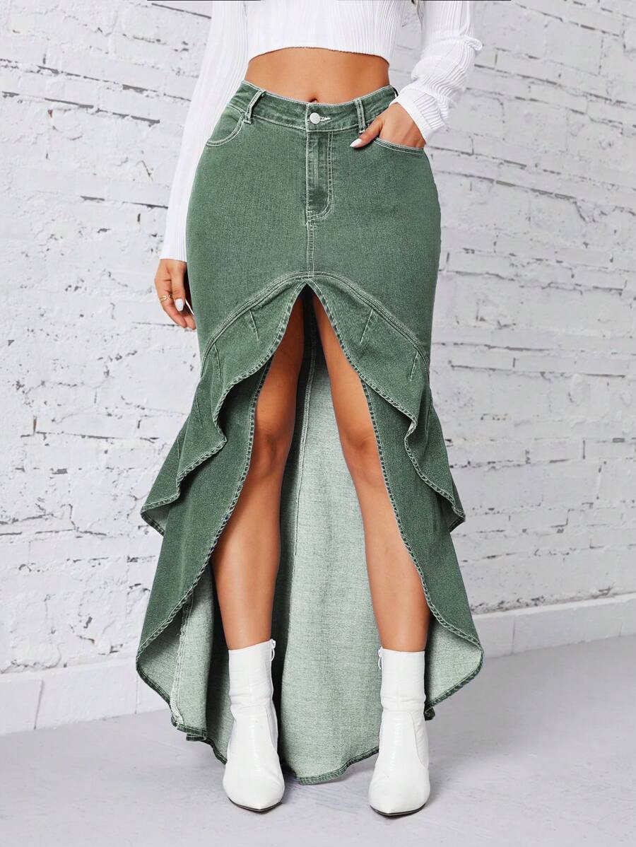 SHEIN Privé 女士口袋拼布荷叶边下摆时尚牛仔半身裙