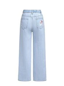 N_Standard Artist Tween Girls' Casual Washed Santa Claus Print Straight Leg Jeans, Holiday, New Year - Blue - View 1