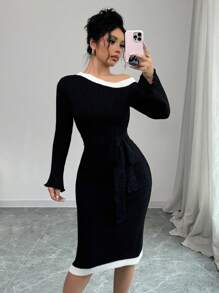 SHEIN Unity Vestido ajustado con bloque de color asimétrico, lazo delantero y volantes en el bajo - Negro - Ver 6