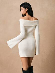 Poéselle Solid Color Ribbed Off Shoulder Long Sleeve Top And Mini Skirt Elegant Knitted 2pcs Set - Apricot - View 7