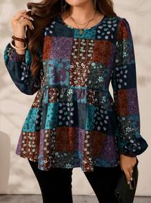 EMERY ROSE 加大码宽松全印花圆领长袖休闲时尚秋季衬衫 - 墨綠色 - 查看 3