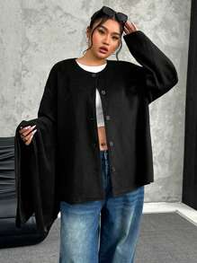 SHEIN EZwear Áo khoác lông cừu giả màu đen cỡ lớn kèm khăn quàng cổ, áo khoác dệt kim màu đen dáng rộng đơn giản - màu đen - Xem 3