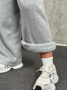 SHEIN EZwear 大码 2 件套长款连帽运动衫套装，秋冬 - 淺灰色 - 查看 5