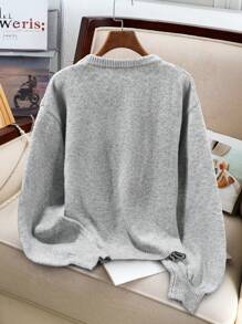 SHEIN LUNE Pull ample à col rond en tricot avec broderie et sequins pour femmes, pour l'automne et l'hiver - Gris - Voir 2