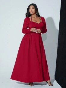 SHEIN Unity 大码女式纯色甜心领长袖褶皱长款优雅连衣裙酒红色女装 - 酒紅色 - 查看 3