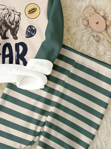 SHEIN Young Boy Casual Minimalist Snug Fit Cute Bear & Football Print Comfortable Long Sleeve Round Neck Sleepwear Set, Suitable For Autumn/Winter - Multicolor - View 3