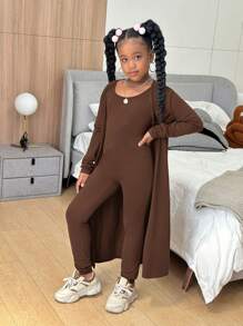 Slaydiva Tween-Mädchen Street Lässig Strick-Set, Unifarben mit langen Ärmeln, Strickjacke, Weste und langer Hose