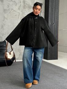 SHEIN EZwear Áo khoác lông cừu giả màu đen cỡ lớn kèm khăn quàng cổ, áo khoác dệt kim màu đen dáng rộng đơn giản - màu đen - Xem 4