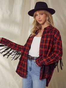 WESTFADE Western Plaid Fringe Long Sleeve Collared Boyfriend Button Up Shirt