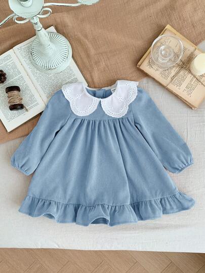 SHEIN LMoss Kids LMoss Baby Girl Blue Corduroy Patchwork Peter Pan Collar Long Sleeve Dress, Autumn/Winter