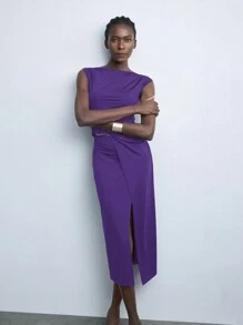 Maija Jesienna/zimowa nowa elegancka czarna sukienka midi z krótkim rękawem i dzianinową talią, odpowiednia na przyjęcia świąteczne i miejski styl życia - Fioletowy - Zobacz 6