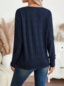 SHEIN LUNE Áo thun dài tay cổ chữ V trơn màu đơn sắc dành cho nữ - Màu xanh hải quân - Xem 2