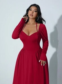 SHEIN Unity 大码女式纯色甜心领长袖褶皱长款优雅连衣裙酒红色女装 - 酒紅色 - 查看 4