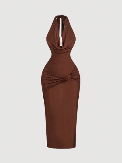 SHEIN X Phaith Montoya SHEIN MOD Damen braunes Midikleid mit drapiertem Ausschnitt und körpernaher Form, elegantes Kleid, Abendkleid, Silvesterkleid, Feiertagskleid, Silvesterurlaub, Silvester Party Damenkleid, Maskenball Kleid
