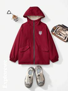 SHEIN 1pc Tween Boy Thermal Lined Hooded Jacket, Urban Casual Style, Comfortable And Warm, Suitable For City Outdoor Activities, Sports, School, Parties, Everyday Wear, Autumn/Winter