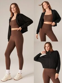 GLOWMODE Modal Soft Lapel High Collar Elastic Hem Long Sleeve Jacket With Side Pockets Daily Casual - Black - View 8