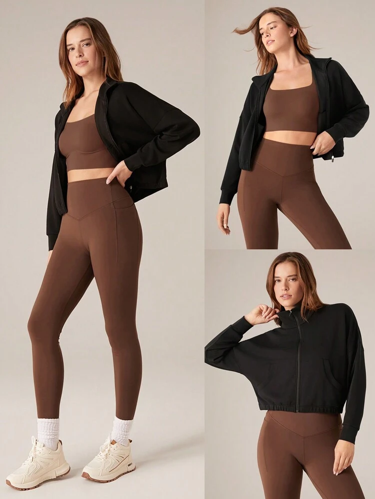 Modal Soft Lapel High Collar Elastic Hem Long Sleeve Jacket With Side Pockets Daily Casual