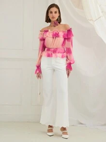 Enchnt Spring Romantic Women Off Shoulder Long Sleeve Gathered Printing Minimalist Casual Top,For Valentine's Day& Sweet Date&Daily Commuting,Vacation Top - Pink - View 3
