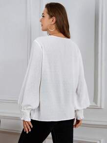 SHEIN LUNE Plus Size Solid Color Shirred Long Sleeve Elegant Office Shirt Party Festivals New Year Valentine's Day Party Elegant Office Wear - White - View 6