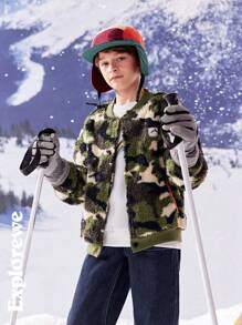 SHEIN Tween Boy Camouflage Print Patched Long Sleeve Fleece Jacket, Autumn/Winter