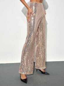 Maija Women's Apricot Elastic Waist Wide Leg Sequin Pants, Loose Fit Elegant Urban Party Wear, Suitable For All Seasons - Apricot - View 6