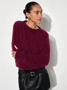 Maija 女士优雅纯色露背圆领保暖毛绒长袖情人节套头衫，早春 - 紅色 - 查看 7