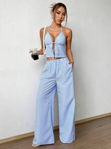 SHEIN Tall Striped Cami With Front Tie & Loose Straight Leg Pants 2 Pieces Set For Women